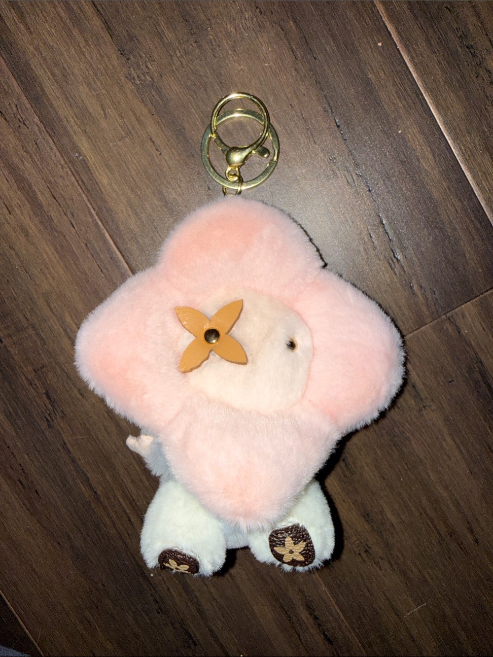 Pink Plush Flower Keychain with Gold Hardware